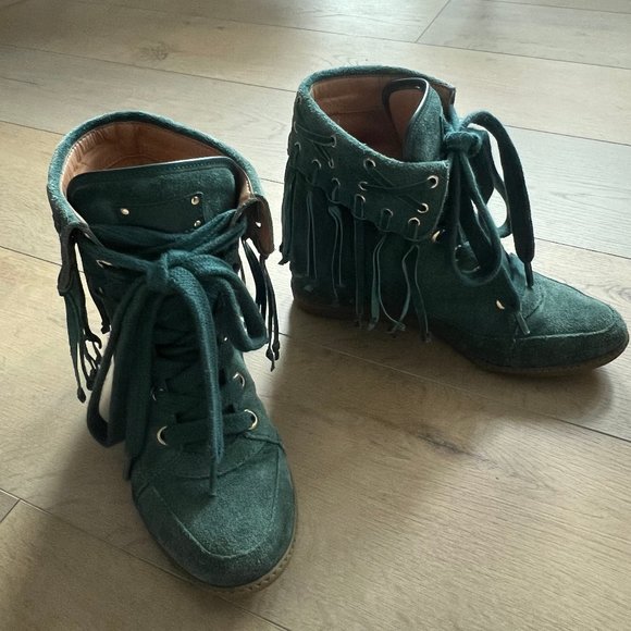 Anthropologie Madison Harding Moccasin Suede Fringe Wedge HIgh Top Sneakers - Picture 2 of 5